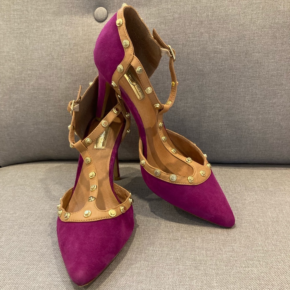 Magenta Suede Halogen heels with gold hardware